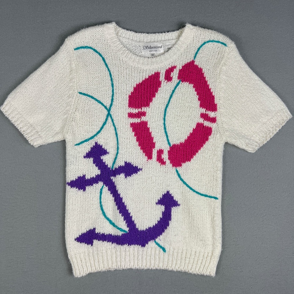 VTG‎ Silvercord Nautical Sweater Size P/S Short Sleeve Anchor Lifesaver Knit 80s